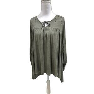 POL Boho Embroidered Peasant Tunic Top Small Gray Sage LS oversized Flowy Boho
